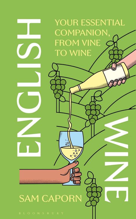 „Your Essential Companion, From Vine to Wine.“ Illustration: Hand schenkt Wein in ein Glas, Weinberge im Hintergrund.