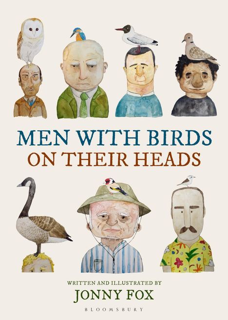 "Men With Birds On Their Heads" von Jonny Fox. Illustration: Köpfe von Männern mit verschiedenen Vögeln darauf.