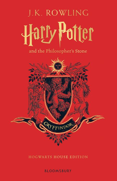 Titel in Gold: "Harry Potter and the Philosopher's Stone". Wappen von Gryffindor auf rotem Hintergrund.