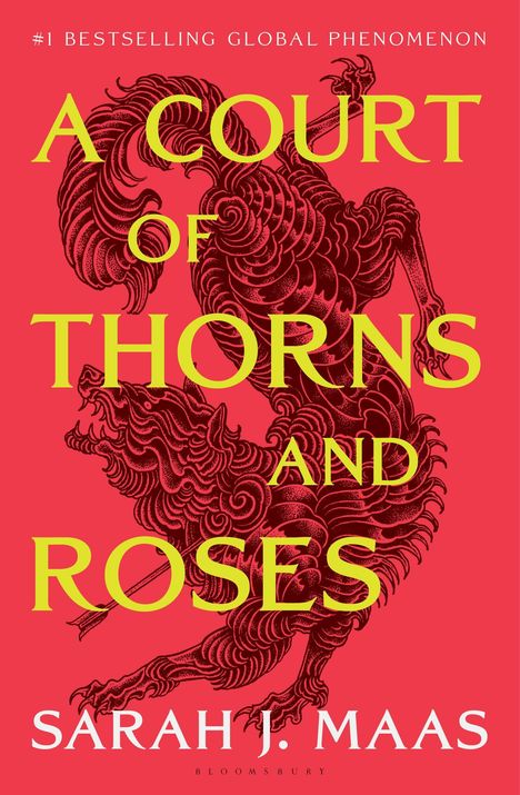 Der Text "A Court of Thorns and Roses" von Sarah J. Maas. Roter Hintergrund mit Detail einer illustrierten Kreatur.