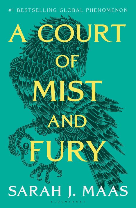 „A Court of Mist and Fury“ von Sarah J. Maas steht in gelber Schrift. Ein stilisierter Vogel ist abgebildet.