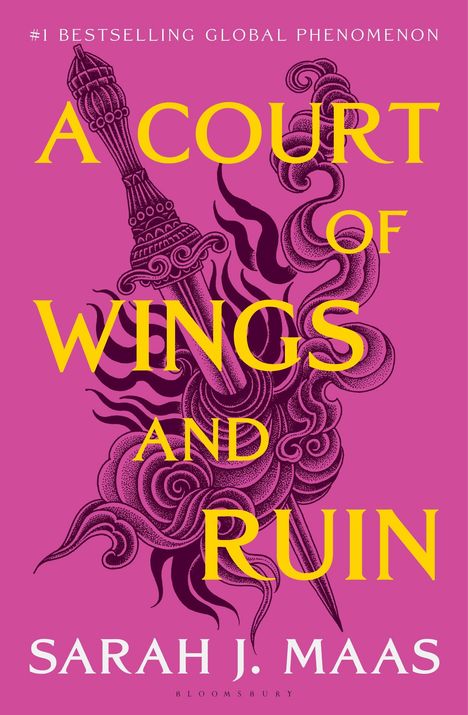 „#1 BESTSELLING GLOBAL PHENOMENON", „A COURT OF WINGS AND RUIN“, „SARAH J. MAAS“. Illustration eines Dolches mit Rauch.