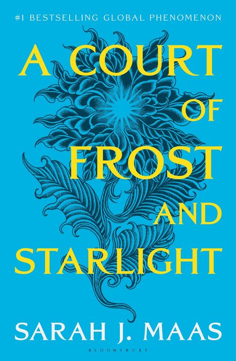 „A Court of Frost and Starlight“, Sarah J. Maas. Illustration mit ornamentalem Design auf blauem Hintergrund.