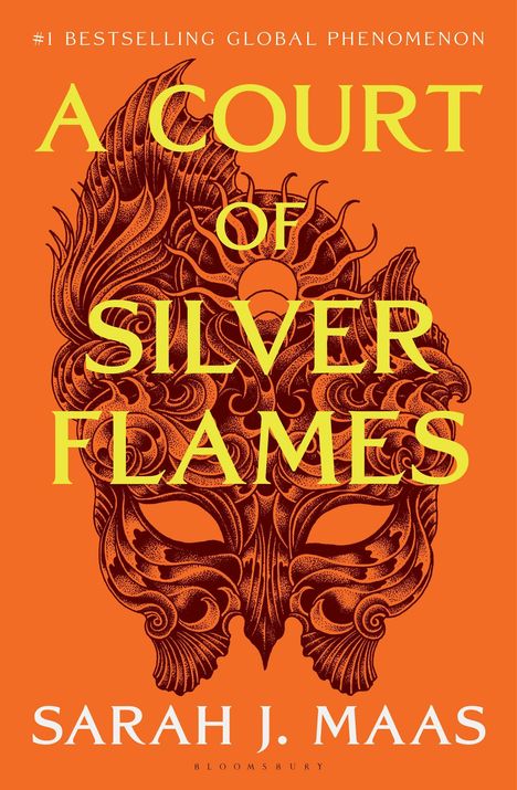 "A Court of Silver Flames", Sarah J. Maas. Illustration einer kunstvollen Maske auf orangefarbenem Hintergrund.