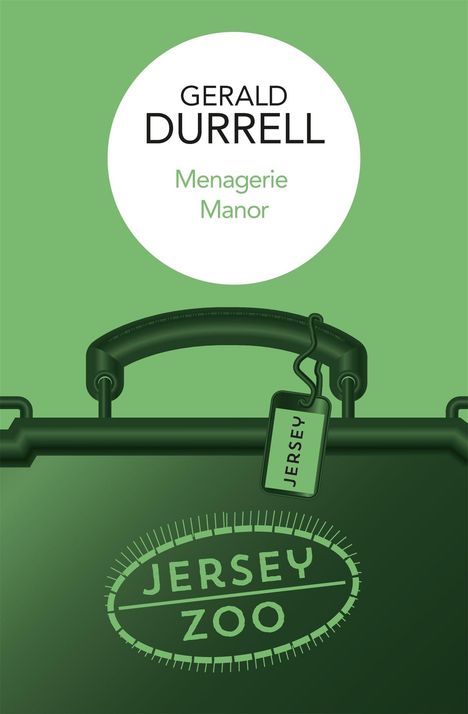 Text: "GERALD DURRELL, Menagerie Manor, JERSEY ZOO, JERSEY." Illustration: Grüner Koffer mit Tragegriff und Etikett.