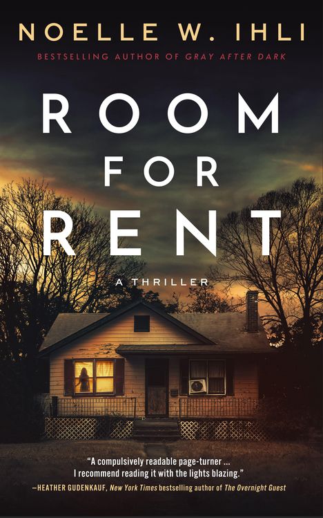 "ROOM FOR RENT" in großen Buchstaben. Darunter "A Thriller". Ein altes Haus bei Nacht mit beleuchtetem Fenster.