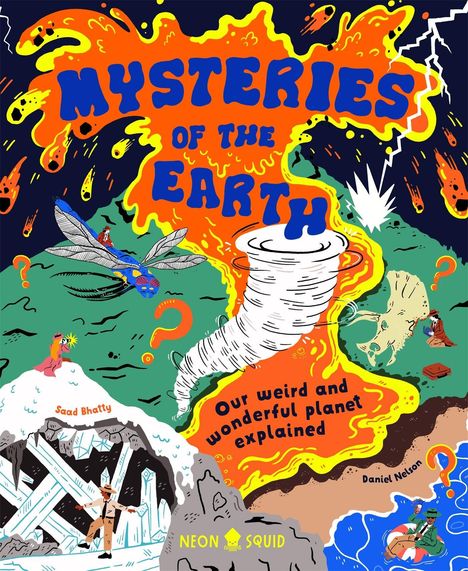 "Mysteries of the Earth", Illustration: Vulkan, Tornado, Insekten und Dinosaurier in lebhaften Farben.