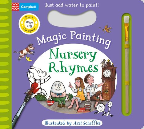 "Magic Painting Nursery Rhymes" auf lila Hintergrund, bemerkt Illustrationen von Figuren aus Kinderreimen und einen Pinsel.