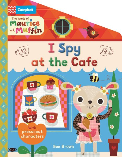 „I Spy at the Cafe“, Illustration eines bunten Cafés mit Tierfigur, Geschirr, Blumen und dem Namen „Bee Brown“.