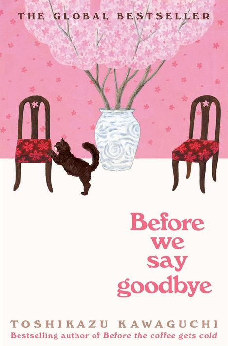 „Before we say goodbye.“ Illustration mit zwei Stühlen, einem Blumenstrauß in einer Vase und einer Katze.