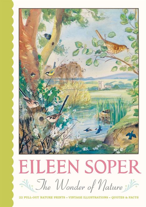 „Eileen Soper: The Wonder of Nature“; Vögel in einer idyllischen Landschaft mit Bäumen und Wasser. Vintage-Illustration.