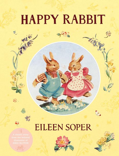 "Happy Rabbit" und "Eileen Soper" in roter Schrift. Zwei Hasen in Kleidung tanzen, umgeben von Blumen. Illustrationsstil.