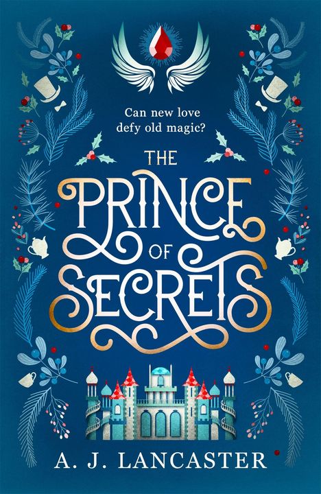 „Can new love defy old magic?“ – „The Prince of Secrets“ von A. J. Lancaster. Blaues Cover mit Schloss und floralen Motiven.