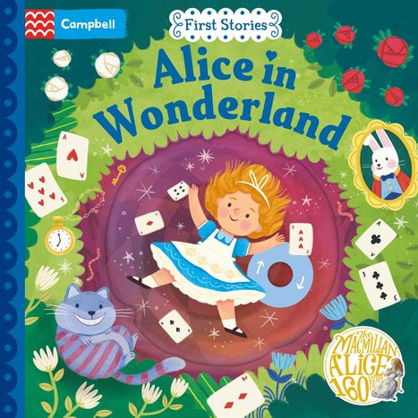 „First Stories: Alice in Wonderland“. Illustration einer fröhlichen Alice im blauen Kleid, Karten, Kaninchen, Grinsekatze.