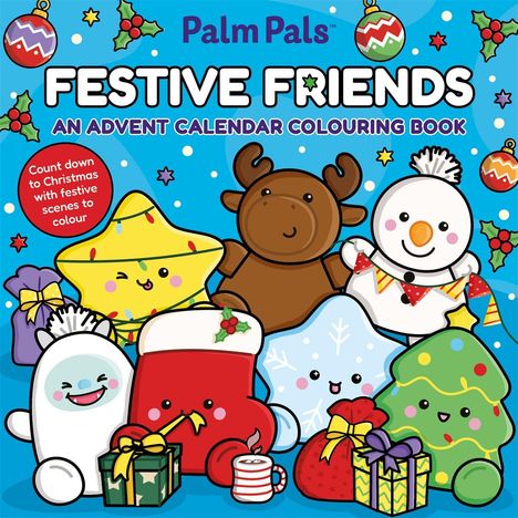 Text: "Palm Pals™ FESTIVE FRIENDS COLOURING BOOK. Cover coming soon." Weißer Text auf violettem Hintergrund.