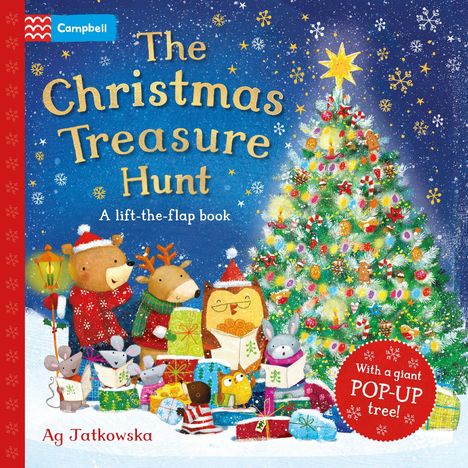 Text: "The Christmas Treasure Hunt" und "With a giant POP-UP tree!" Tiere mit Geschenken vor einem geschmückten Baum.