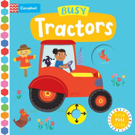 "Busy Tractors" in bunten Lettern. Illustration eines Kindes mit Hund auf rotem Traktor, umgeben von Blumen und Tieren.
