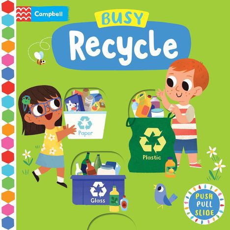 Der Text "Recycle", "Paper", "Plastic", "Glass", "Push Pull Slide" ist sichtbar. Zwei fröhliche Kinder recyceln.