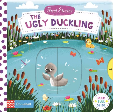 "First Stories: The Ugly Duckling". Auf einem Teich schwimmt ein graues Entlein, umgeben von bunten Blumen und Schmetterlingen.
