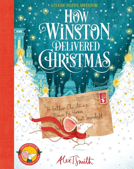 „How Winston Delivered Christmas“ steht groß in geschwungener Schrift. Eine stilisierte Maus trägt einen Brief. Schnee und Sterne.