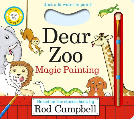 „Dear Zoo Magic Painting“. Illustrationen mit Elefant, Affe, Löwe, Giraffe, Schlange, Hund. Pinsel und Text „Just add water“.