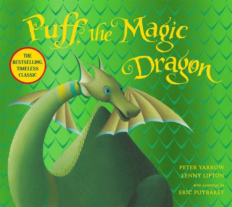 "Puff the Magic Dragon"; Peter Yarrow, Lenny Lipton. Grüner Drache mit großen Flügeln in Landschaftsszene.