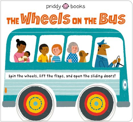 "The Wheels on the Bus" oben, "Spin the wheels, lift the flaps, and open the sliding doors!" darunter. Illustration: Menschen im Bus.