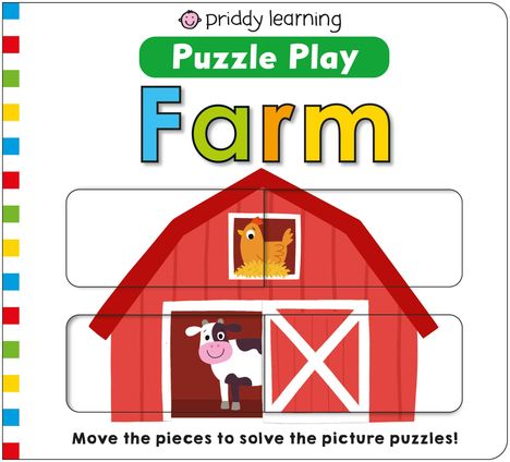 „Puzzle Play: Farm“ steht im Vordergrund. Darunter eine Illustration einer roten Scheune mit Huhn und Kuh.