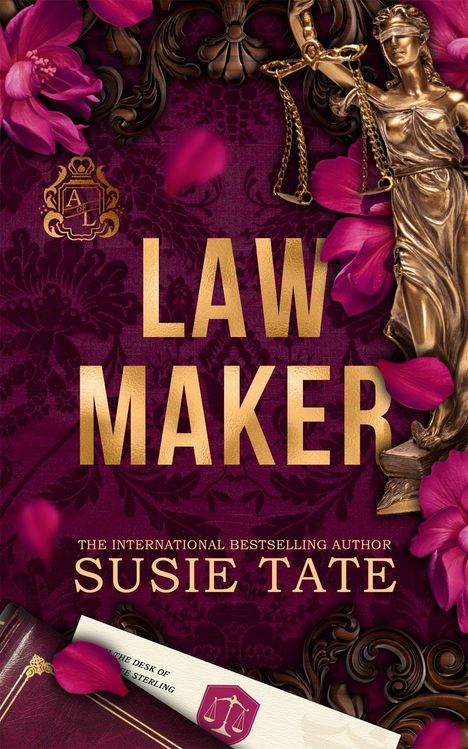 "LAW MAKER, Susie Tate. Statue der Gerechtigkeit, goldene Verzierungen, lila Blumen auf einem dunkelroten Hintergrund."