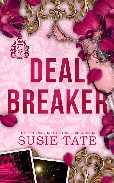 "Deal Breaker" von Susie Tate. Rosa Hintergrund mit floralen Mustern, goldenen Verzierungen, Blumen und einem umgekippten Sektglas.