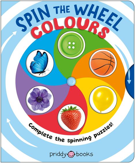 „SPIN THE WHEEL COLOURS“ und „Complete the spinning puzzles!“ Darstellung eines bunten Drehspiels mit Bildern von Objekten.