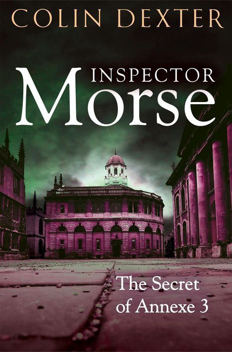 Text: "Inspector Morse" und "The Secret of Annexe 3". Ein beeindruckendes Gebäude mit düsterem Himmel im Hintergrund.