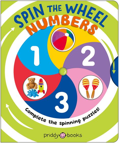 „SPIN THE WHEEL NUMBERS“, „Complete the spinning puzzles!“. Ein buntes Rad mit Zahlen, Spielzeugbildern.