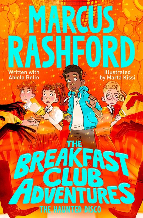 Text: "Marcus Rashford", "The Breakfast Club Adventures", "The Haunted Disco". Illustration: Kinder mit Taschenlampen, orange Hintergrund.
