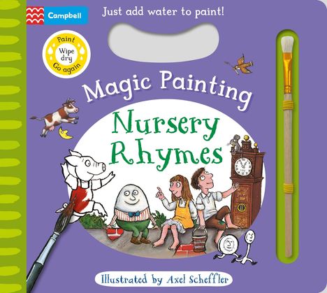 "Just add water to paint! Magic Painting Nursery Rhymes." Illustration mit Figuren aus Kinderreimen, Pinsel rechts.