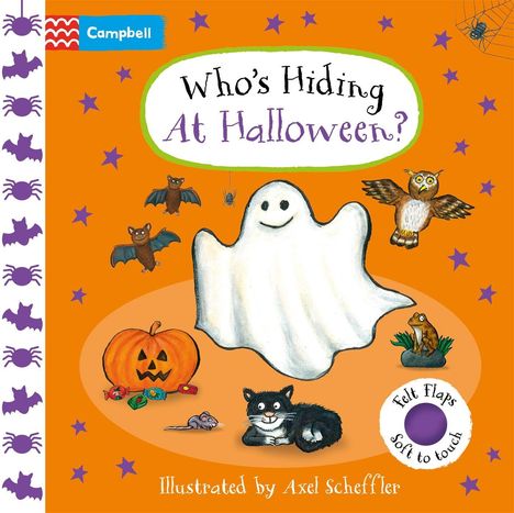 „Who's Hiding At Halloween?“ in kindlicher Schrift. Illustration: Geist, Eule, Katze, Kürbis, Fledermäuse auf orangefarbenem Hintergrund.