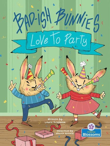 "Bad-ish Bunnies Love to Party." Zwei fröhliche Hasen tanzen auf einer Feier, umgeben von Konfetti.