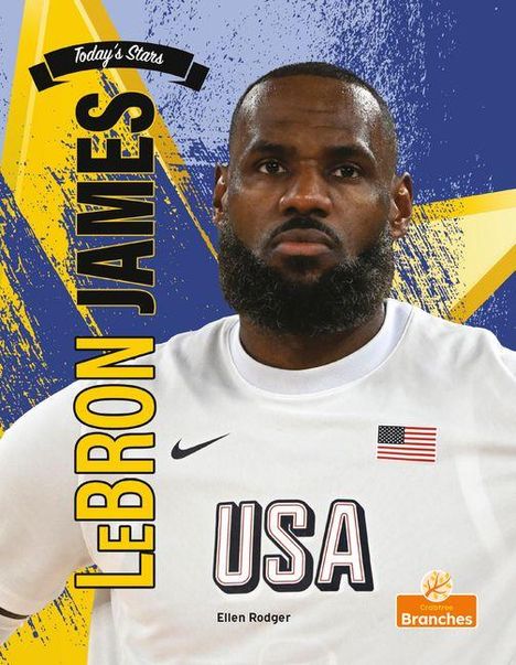 LEBRON JAMES steht vertikal links. Ein Sportler in Team-USA-Kleidung mit US-Flagge und Capstone Branches-Logo.