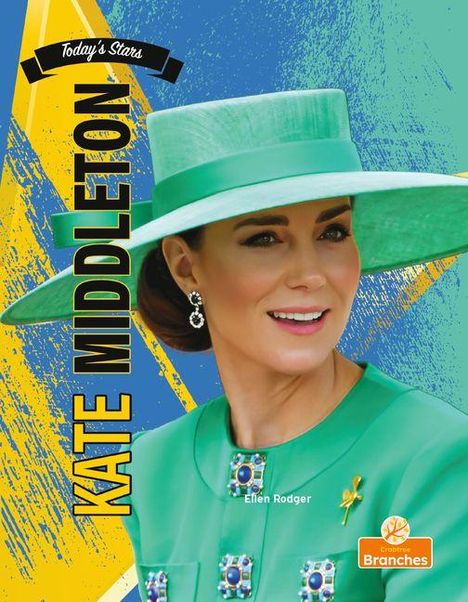 Text: "Kate Middleton" und "Today's Stars". Eine Frau in grünem Outfit mit Hut vor abstraktem, gelb-blauem Hintergrund. Logo unten.