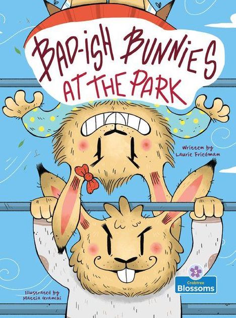 „Bad-ish Bunnies at the Park“ steht oben. Zwei gezeichnete Kaninchen turnen lachend an Stangen.