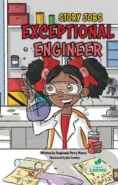 "Story Jobs: Exceptional Engineer" in gelbem und rotem Text. Illustration: Ein Mädchen im Labor mit Schutzbrille und Reagenzglas.