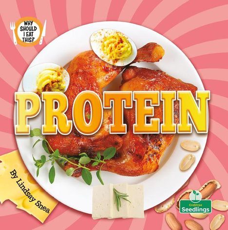 "PROTEIN" in großen gelben Buchstaben über gebratenem Hähnchen und Eiern auf einem Teller.