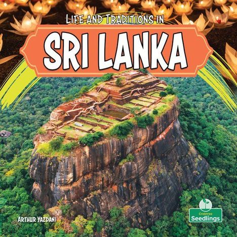 „Life and Traditions in Sri Lanka“ in großen Buchstaben. Bild einer historischen Steinformation umgeben von Wald.