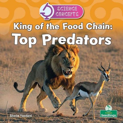 "Science Concepts: King of the Food Chain: Top Predators." Ein Löwe jagt eine Antilope in der Savanne.