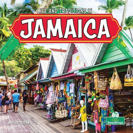 "Life and Traditions in JAMAICA". Bunte Marktstände mit Kleidung und Souvenirs, umgeben von Palmen.