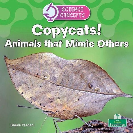 Text: „Copycats! Animals that Mimic Others.“ Ein braunes, blattähnliches Insekt auf grünem Hintergrund.