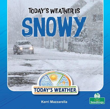 "Today's Weather is Snowy." Schneelandschaft mit Auto. Logo von "Today's Weather." Name: Kerri Mazzarella.