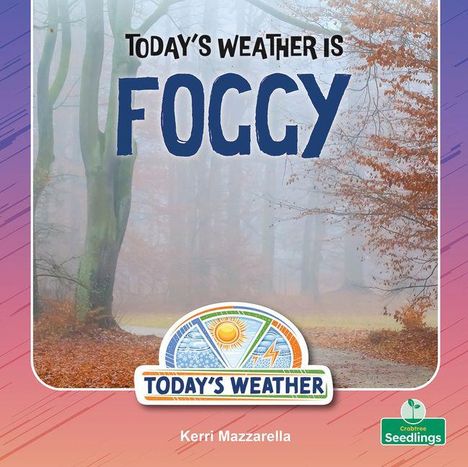 Text: "TODAY'S WEATHER IS FOGGY", "TODAY’S WEATHER", "Kerri Mazzarella". Nebeliger Wald mit kahlen Bäumen und Herbstlaub.