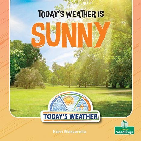 "Today's Weather is Sunny" steht in großen Buchstaben. Darunter ein Logo, grüne Wiese, Bäume im Sonnenlicht.
