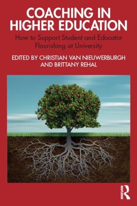 "COACHING IN HIGHER EDUCATION. Baum mit tiefreichenden Wurzeln und roten Früchten, die Verbindung von Wurzeln und Krone zeigt."